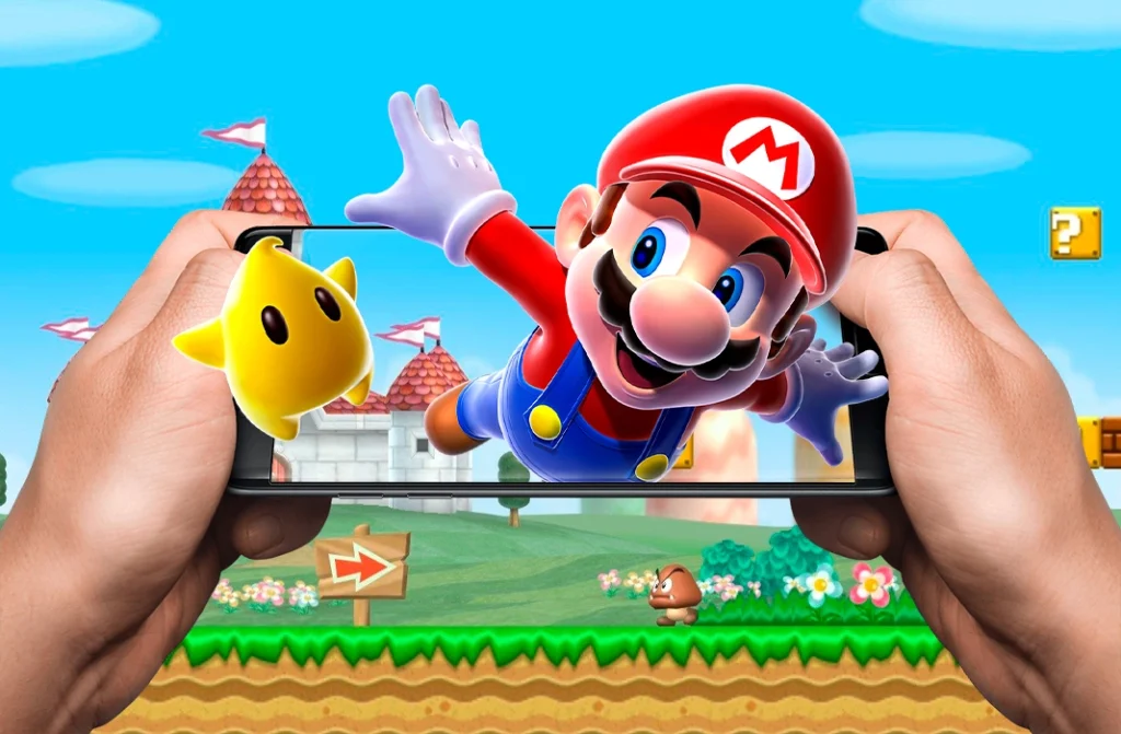 Mario Bros en un entorno inspirado en videojuegos móviles modernos y tecnología gaming portátil