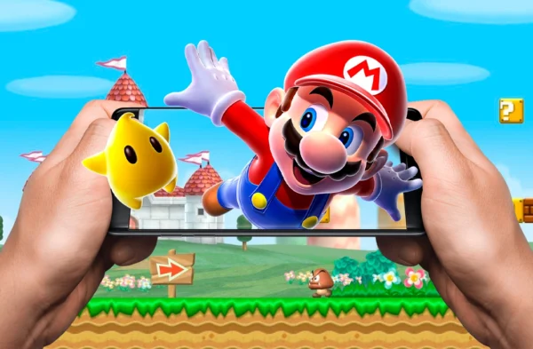 Mario Bros en un entorno inspirado en videojuegos móviles modernos y tecnología gaming portátil
