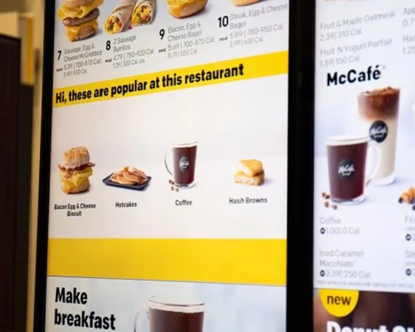 Clientes utilizan menús interactivos digitales dentro de un restaurante moderno de McDonald’s