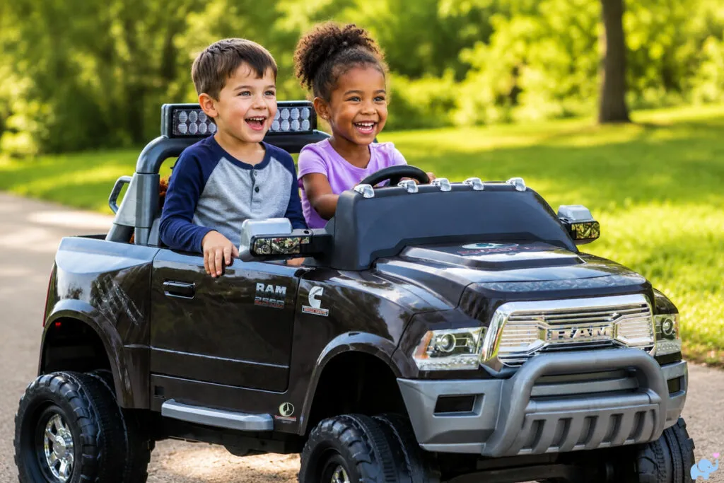 Niño conduciendo un auto eléctrico infantil moderno con luces LED y diseño inspirado en vehículos de lujo