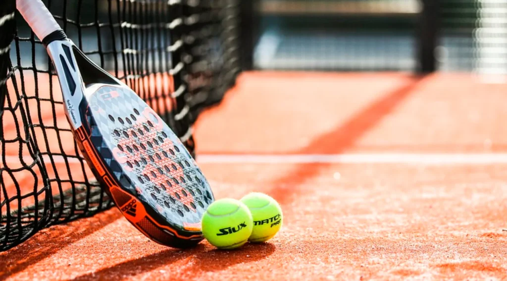 Jugador de pádel utilizando una pala de última generación en una cancha moderna con tecnología avanzada