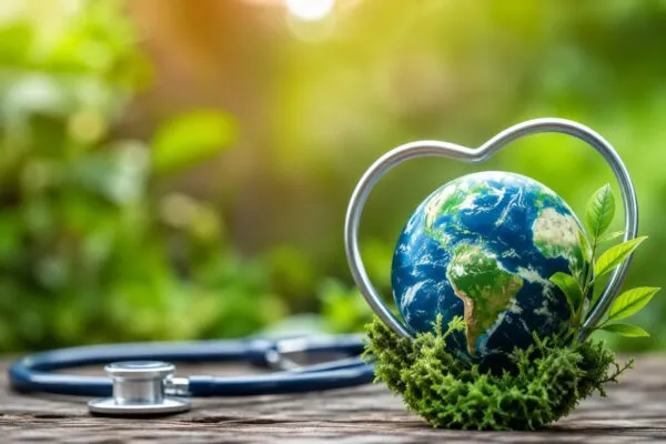 Tecnología médica moderna en un hospital con equipos eficientes para reducir la huella ambiental del sector salud.