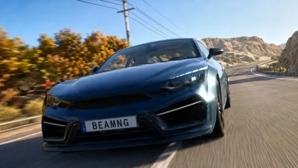 Automóvil deportivo en BeamNG.drive con gráficos renovados, iluminación HDR y efectos visuales mejorados.