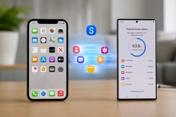 Un usuario configura un nuevo smartphone Samsung Galaxy mientras transfiere datos desde un iPhone mediante Smart Switch. La escena refleja una migración sencilla entre dispositivos móviles.