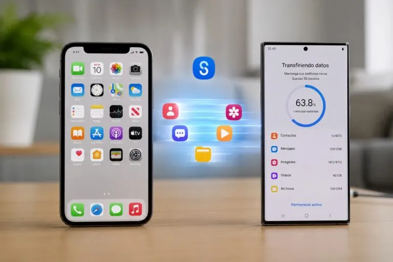 Un usuario configura un nuevo smartphone Samsung Galaxy mientras transfiere datos desde un iPhone mediante Smart Switch. La escena refleja una migración sencilla entre dispositivos móviles.