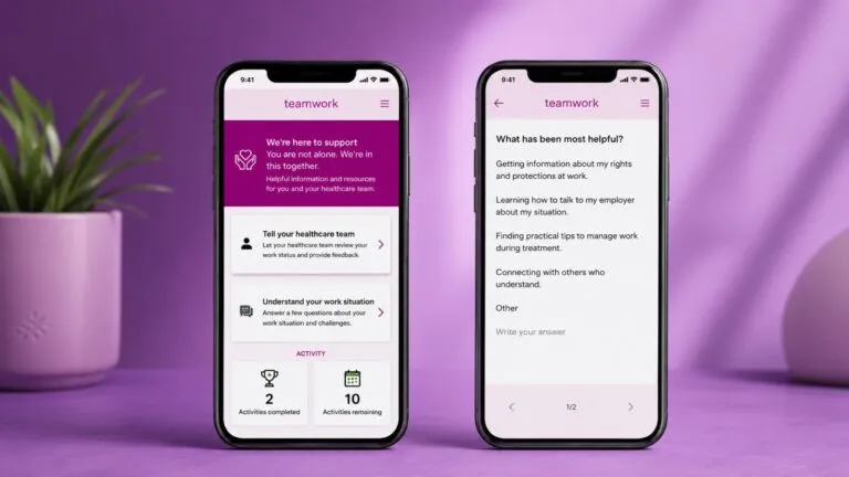 Aplicación Teamwork para cáncer de seno con herramientas de apoyo digital y bienestar laboral