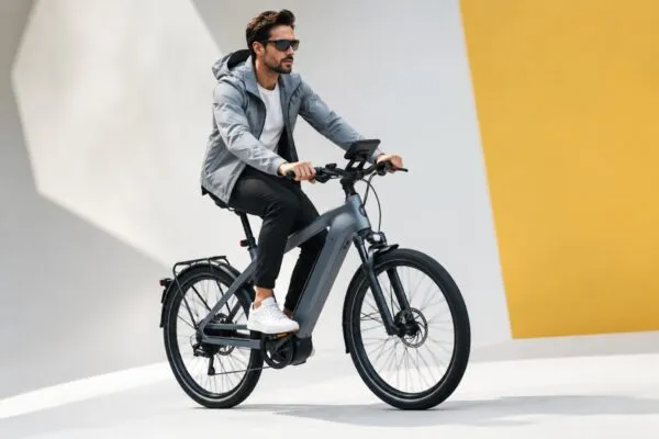 Bicicleta eléctrica Volkswagen con cámara retrovisora integrada y tecnología inteligente para movilidad urbana.