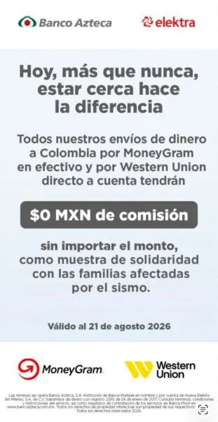 Cómo mandar dinero a Colombia con Banco Azteca sin pagar comisiones