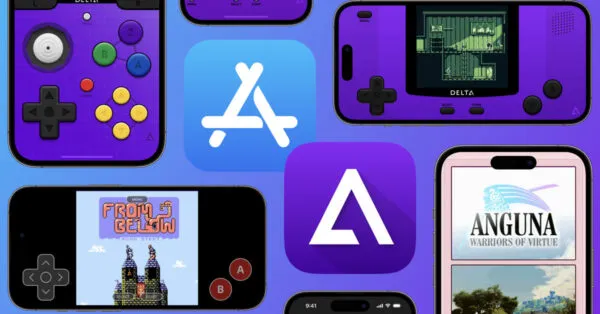 Aplicación Delta ejecutando videojuegos clásicos en un iPhone con controles táctiles.
