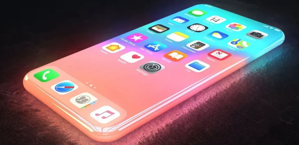 Concepto del iPhone de cristal con pantalla curva y marcos mínimos para celebrar los 20 años del teléfono Apple.