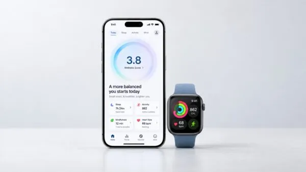 La app Salud de Apple muestra métricas personalizadas, inteligencia artificial y análisis de bienestar en un iPhone.