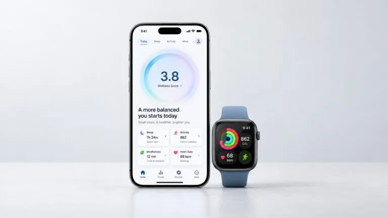 La app Salud de Apple muestra métricas personalizadas, inteligencia artificial y análisis de bienestar en un iPhone.