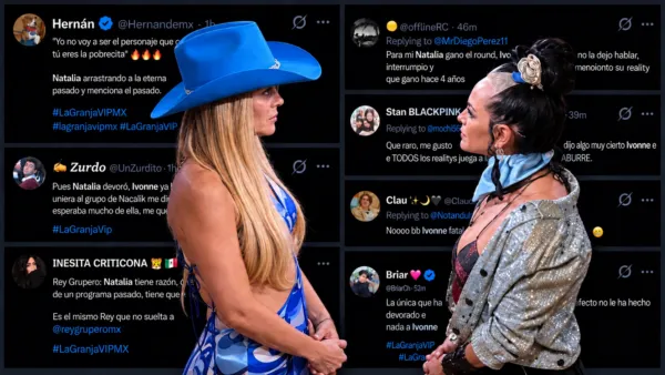 Montaje de Natalia Alcocer con sombrero azul e Ivonne Montero con chaqueta plateada, frente a frente, sobre comentarios en X.