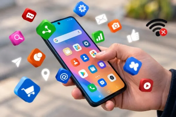 Teléfono Android mostrando accesos directos de aplicaciones en la pantalla de inicio para abrir funciones rápidamente.