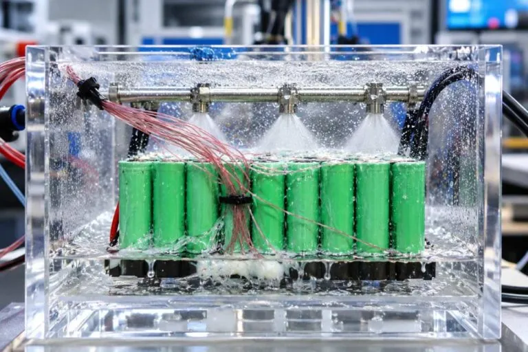 Sistema experimental rocía líquido dieléctrico sobre un paquete de baterías para controlar su temperatura durante la carga rápida.