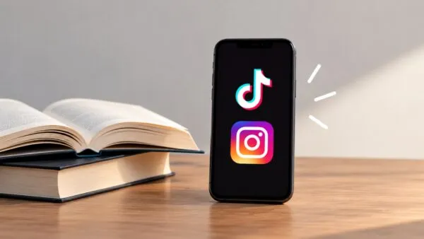 Teléfono inteligente junto a un libro abierto que representa los concursos de TikTok e Instagram para fomentar la lectura entre estudiantes.