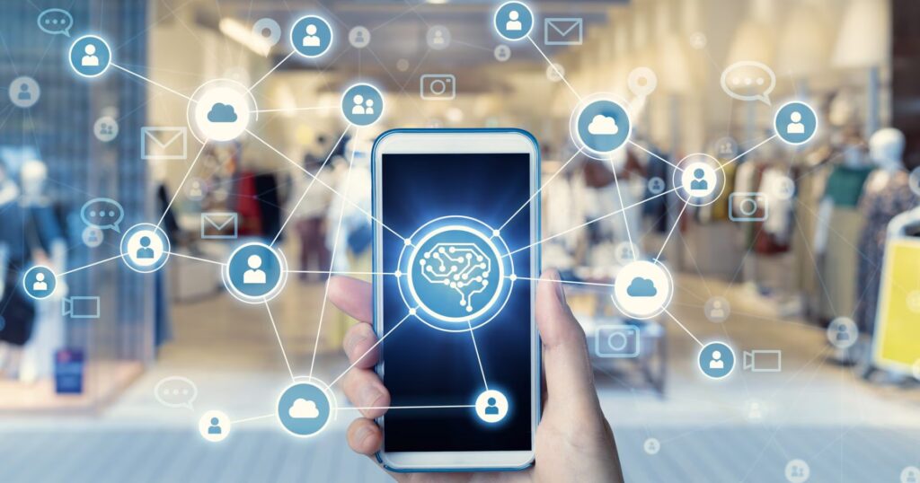 Smartphone moderno con interfaz de inteligencia artificial, comandos de voz y aplicaciones conectadas.