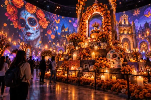 Experiencias inmersivas en Aztlán, Ciudad de México, con altares, flores de cempasúchil y espectáculos para celebrar el Día de Muertos.