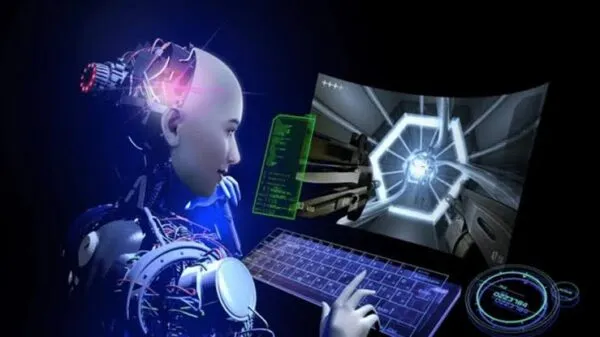 una persona escribiendo una instrucción en una computadora mientras la IA transforma el texto en un videojuego en pantalla.