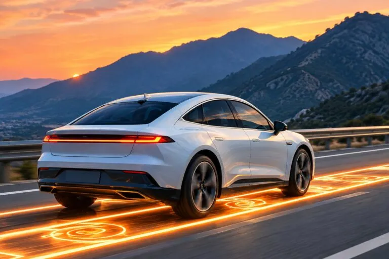 Automóvil eléctrico circulando por una carretera inteligente con tecnología de carga inalámbrica desarrollada por Honda en Japón.