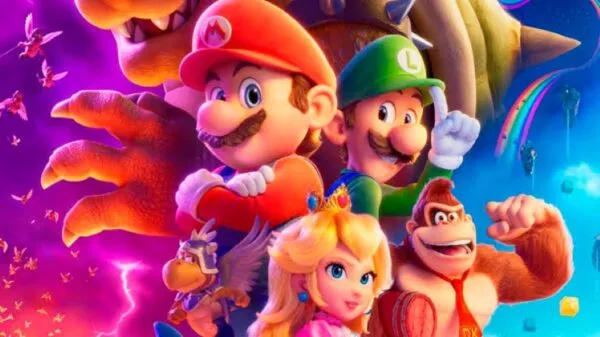 Sala de cine que representa el éxito de las películas basadas en videojuegos como Super Mario Bros, Minecraft y Sonic.