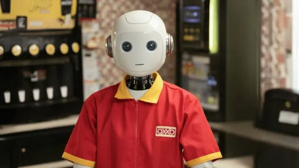 Pequeño robot autónomo recorre los pasillos de una tienda para revisar productos disponibles.