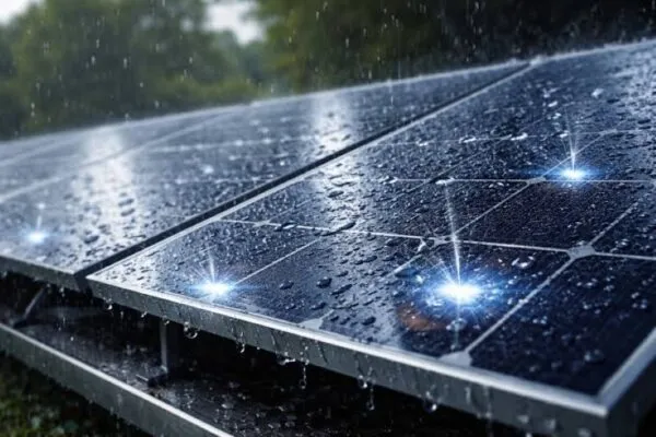 Gotas de lluvia caen sobre un panel tecnológico diseñado para generar pequeños impulsos eléctricos.