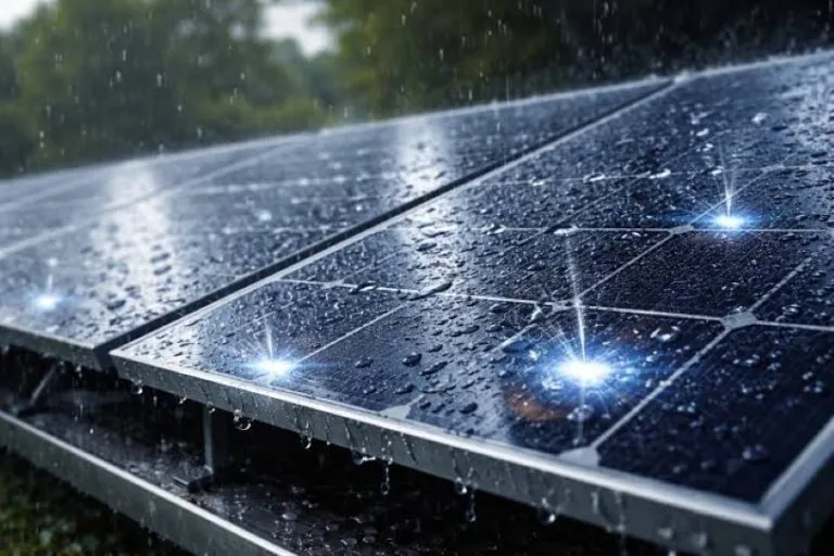Gotas de lluvia caen sobre un panel tecnológico diseñado para generar pequeños impulsos eléctricos.